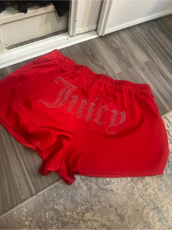 Juicy Couture Pants - Juicy Couture Red Satin Rhinestone 'Juicy' Lounge Shorts